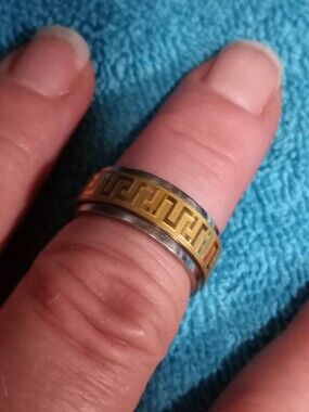 Greek Key Two-Tone Band Spinner Ring - Gold & Silver Stainless Steel